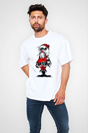 Unisex Bisiklet Yaka Baskılı Oversize T-Shirt - Beyaz