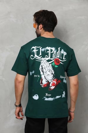 Erkek Kısa Kol Yazlık Tişört Bisiklet Yaka Baskılı Oversize T-Shirt - Yeşil