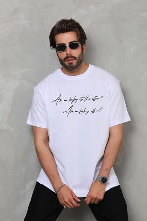 Erkek Kısa Kol Yazlık Tişört Bisiklet Yaka Baskılı Oversize T-Shirt - Beyaz