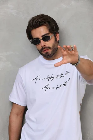 Erkek Kısa Kol Yazlık Tişört Bisiklet Yaka Baskılı Oversize T-Shirt - Beyaz
