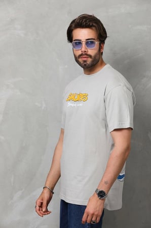 Unisex Basic Bisiklet Yaka Oversize T-Shirt - Gri
