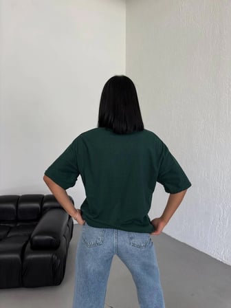 Kadın Düz T-Shirt Kısa Kol Bisiklet Yaka Oversize Rahat Kalıp Günlük Tişört - Haki