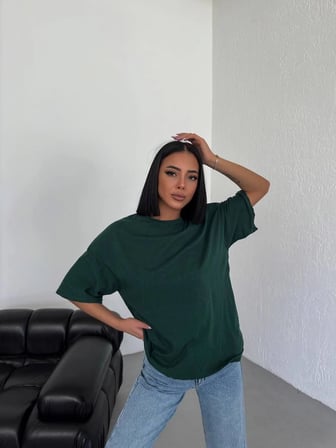Kadın Düz T-Shirt Kısa Kol Bisiklet Yaka Oversize Rahat Kalıp Günlük Tişört - Haki