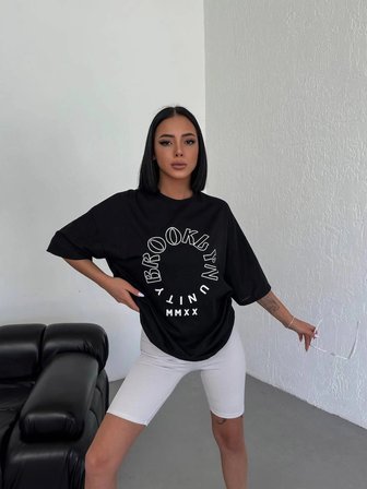 Kadın Baskılı T-Shirt Kısa Kol Bisiklet Yaka Oversize Rahat Kalıp Günlük Tişört - Siyah