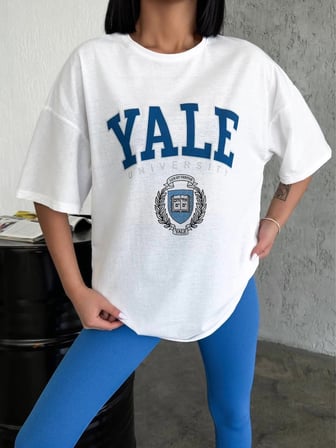 Kadın Kısa Kol Yazlık Tişört Bisiklet Yaka YALE Baskılı T-Shirt - Beyaz