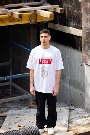 Erkek Kısa Kol Yazlık Tişört Bisiklet Yaka Baskılı Oversize T-Shirt - Beyaz