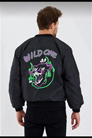 Wild One Baskılı Erkek Bomber Mont - Panter Desenli, Fermuarlı, Kapitone Astarlı Ceket - Siyah