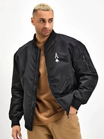 Erkek Bomber Mont - Siyah Renk, Maça Ası Baskılı
