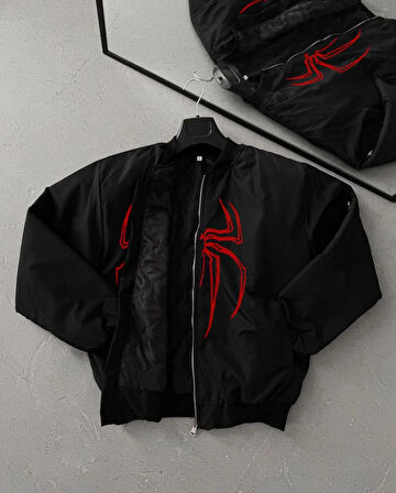 Örümcek Desenli Siyah Bomber Mont - Unisex