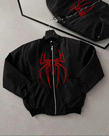 Örümcek Desenli Siyah Bomber Mont - Unisex