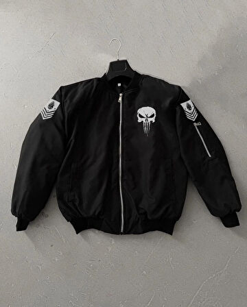 Siyah Askeri Tarz Bomber Mont - Unisex, Punisher Skull Detaylı