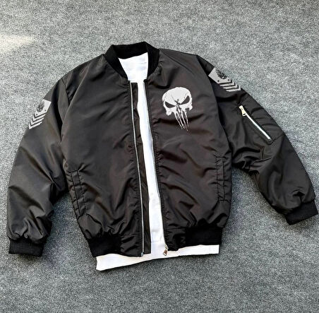 Siyah Askeri Tarz Bomber Mont - Unisex, Punisher Skull Detaylı