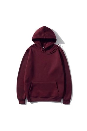 Kadın 3 İplik Pamuklu Kapüşonlu Kanguru Cepli Düz Hoodie Sweatshirt - Bordo