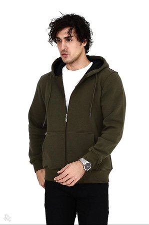 Erkek 3 İplik Pamuklu Kapüşonlu Tam Fermuarlı Cepli Hoodie Sweatshirt - Haki