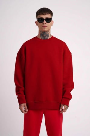 Erkek Biskilet Yaka Üç İplik SweatShirt - Kırmızı