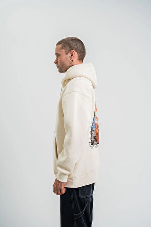 Üç İplik Kapşonlu Dijital Patchli SweatShirt - Krem
