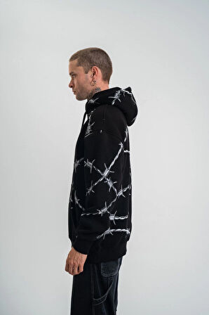 Unisex Kapşonlu Varak ve Pano Baskılı SweatShirt- Siyah