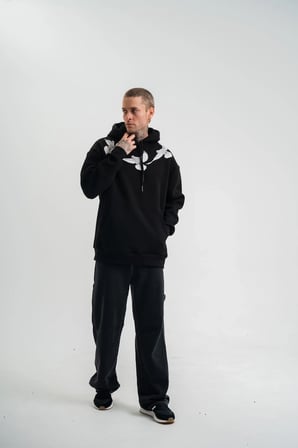 Erkek 3 İplik Pamuklu Kapüşonlu Baskılı Cepli Oversize Sweatshirt Hoodie - Siyah