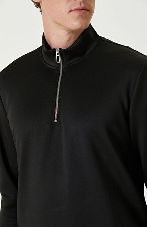 Unisex Uzun Kol Yarım Farmuarlı Yakalı Basic SweatShirt - Siyah