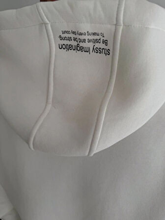 Üç İplik Kapşonlu Baskılı SweatShirt - Beyaz