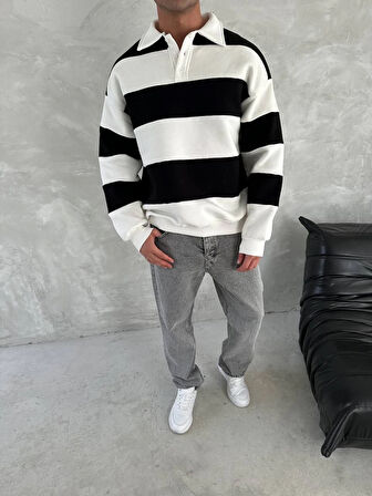 Unisex Üç İplik Parçalı Yakalı SweatShirt - Siyah