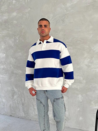 Unisex Üç İplik Parçalı Yakalı SweatShirt - Mavi