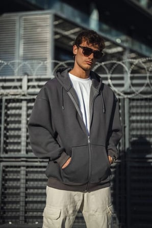 Erkek Tam Fermuarlı Cepli Kapüşonlu 3 iplik pamuklu hoodie Sweatshirt - Füme
