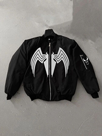 Unisex Siyah Bomber Mont - Venom Beyaz Örümcek Logolu,- Siyah