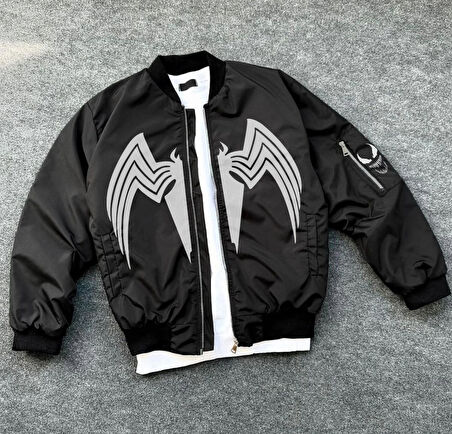 Unisex Siyah Bomber Mont - Venom Beyaz Örümcek Logolu,- Siyah