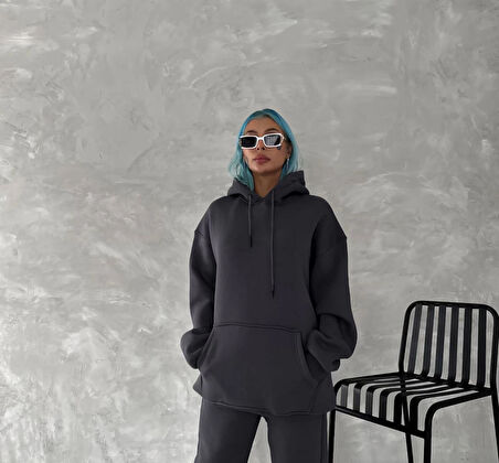 Kapüşonlu Üç İplik Penye Basic SweatShirt - Füme