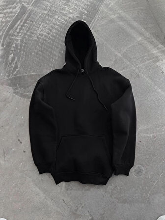 Kapüşonlu Üç İplik Penye Basic SweatShirt - Siyah