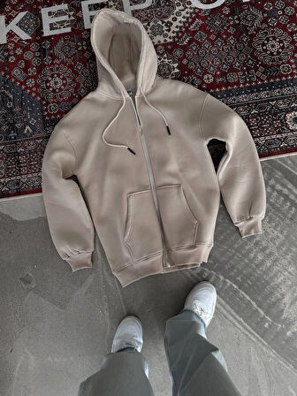 Oversize Tam Fermuarlı Uzun Kol Hırka - Bej