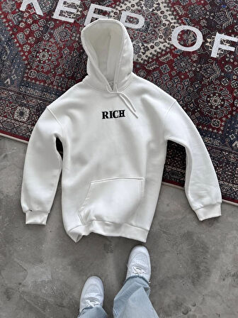 Uzun Kol Kapüşonlu Göğüs Baskılı SweatShirt - Beyaz