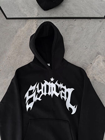 Üç İplik Kapüşonlu Baskılı Oversize SweatShirt- Siyah