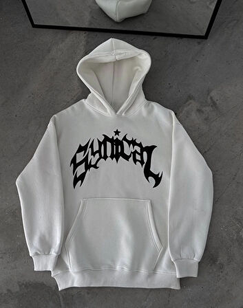 Üç İplik Kapüşonlu Baskılı Oversize SweatShirt- Beyaz