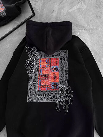 Uzun Kol Kapüşonlu Ön Ve Arka Baskılı SweatShirt - Siyah