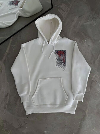 Uzun Kol Kapüşonlu Ön Ve Arka Baskılı SweatShirt - Beyaz