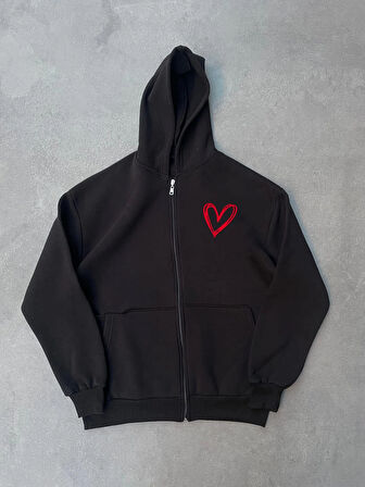 Üç İplik Baskılı Fermuarlı Kapüşonlu Hırka - Siyah