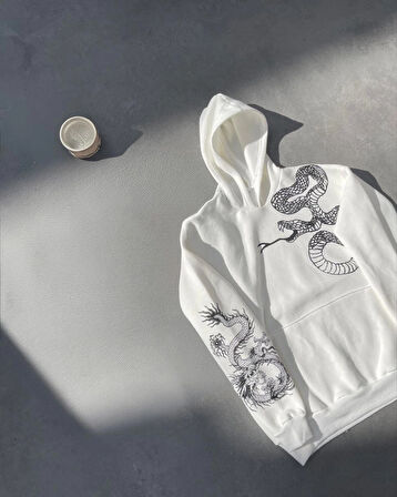 Uzun Kol Kapüşonlu Baskılı SweatShirt - Beyaz