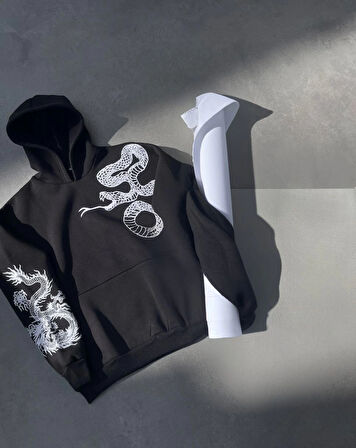 Uzun Kol Kapüşonlu Baskılı SweatShirt - Siyah