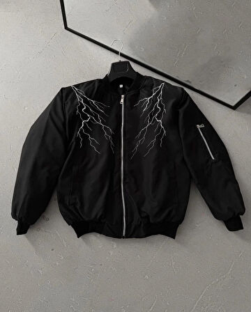 Unisex Siyah Bomber Mont - Beyaz Şimşek Desenli