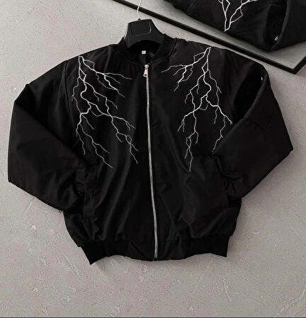 Unisex Siyah Bomber Mont - Beyaz Şimşek Desenli