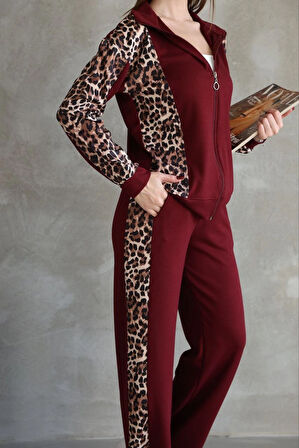 Osy Modal Yumuşak Dokulu Kumaş Kapüşonlu Leopar Desenli Fermuarlı Takım - Bordo