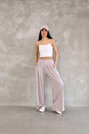 Osy Modal Yumuşak Dokulu Kadın Kumaş Boru Paça Salaş Eşofman - Bej