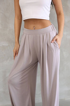 Osy Modal Yumuşak Dokulu Kadın Kumaş Boru Paça Salaş Eşofman - Bej