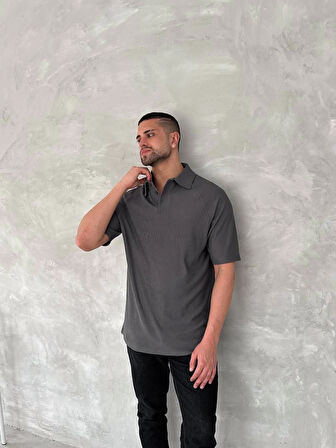 Yakalı Patlı Kısa Kol T-shirt - Antrasit