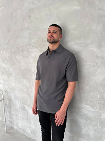 Yakalı Patlı Kısa Kol T-shirt - Antrasit