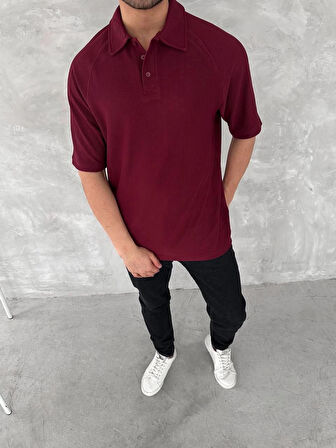 Yakalı Patlı Kısa Kol T-shirt - Bordo