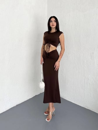 Osy Modal Yumuşak Dokulu Kumaş Büzgülü Crop Etek Takım -Kahverengi