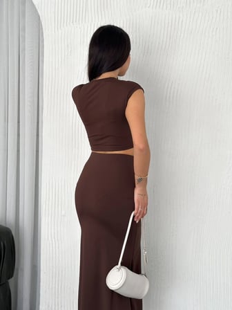 Osy Modal Yumuşak Dokulu Kumaş Büzgülü Crop Etek Takım -Kahverengi